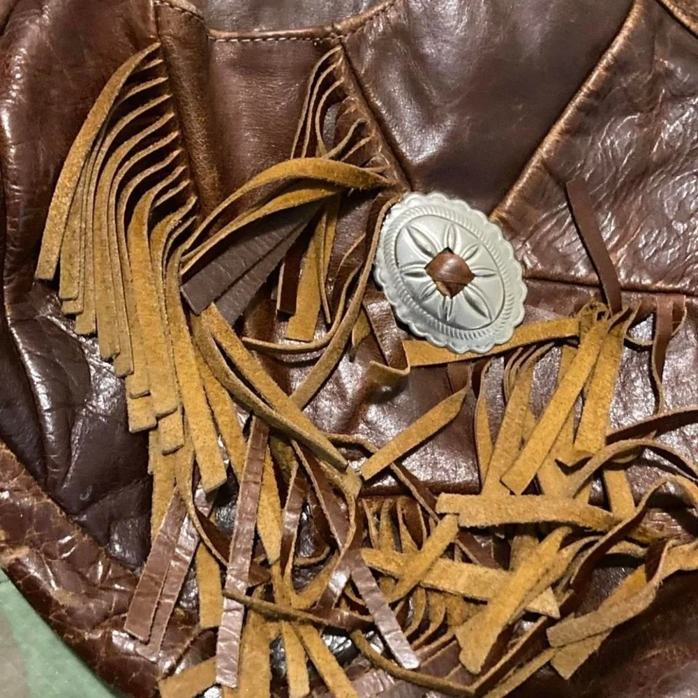 Brown leather western fringe shoulder‎ bag brooch Mexico boho